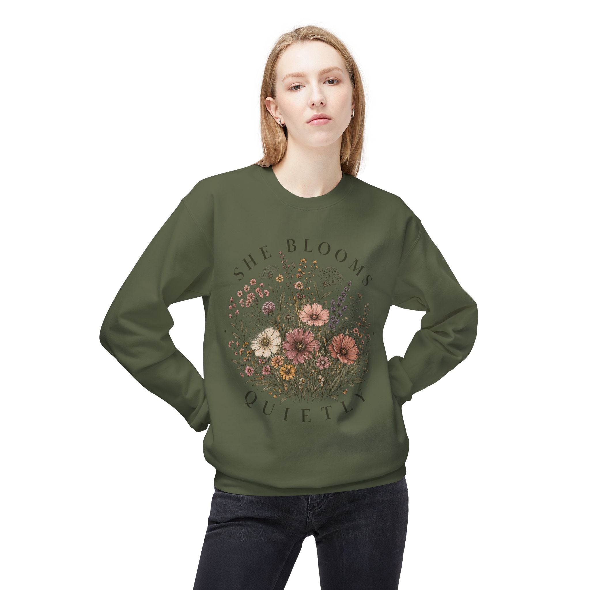 She Blooms Quietly Sweatshirt – Floral Aesthetic Crewneck