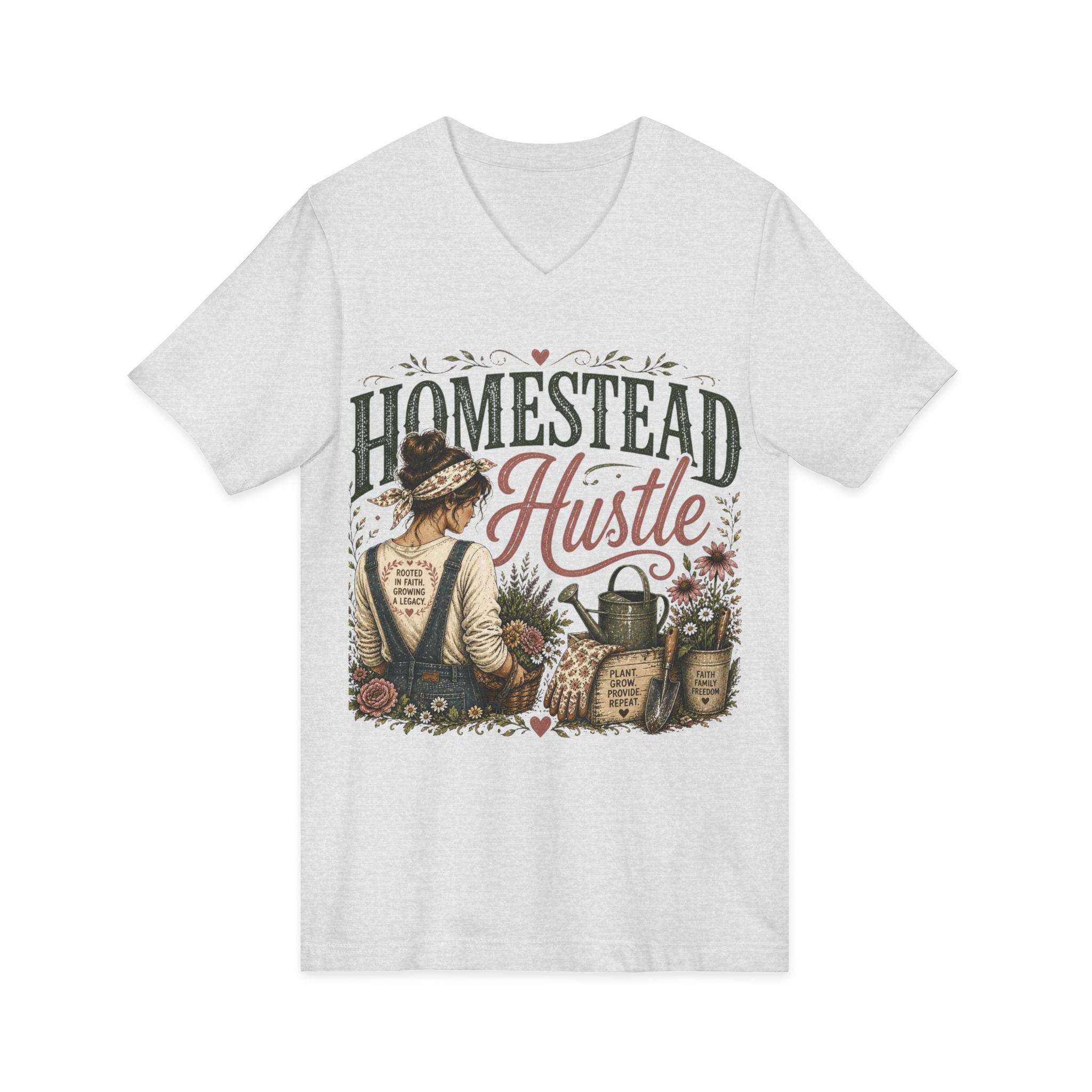 Homestead Hustle – Rustic Farmhouse V-Neck Tee