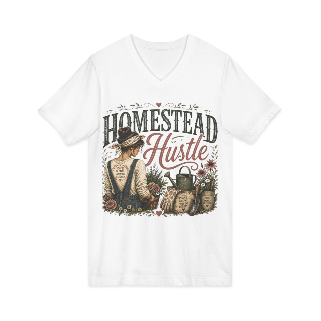 Homestead Hustle – Rustic Farmhouse V-Neck Tee