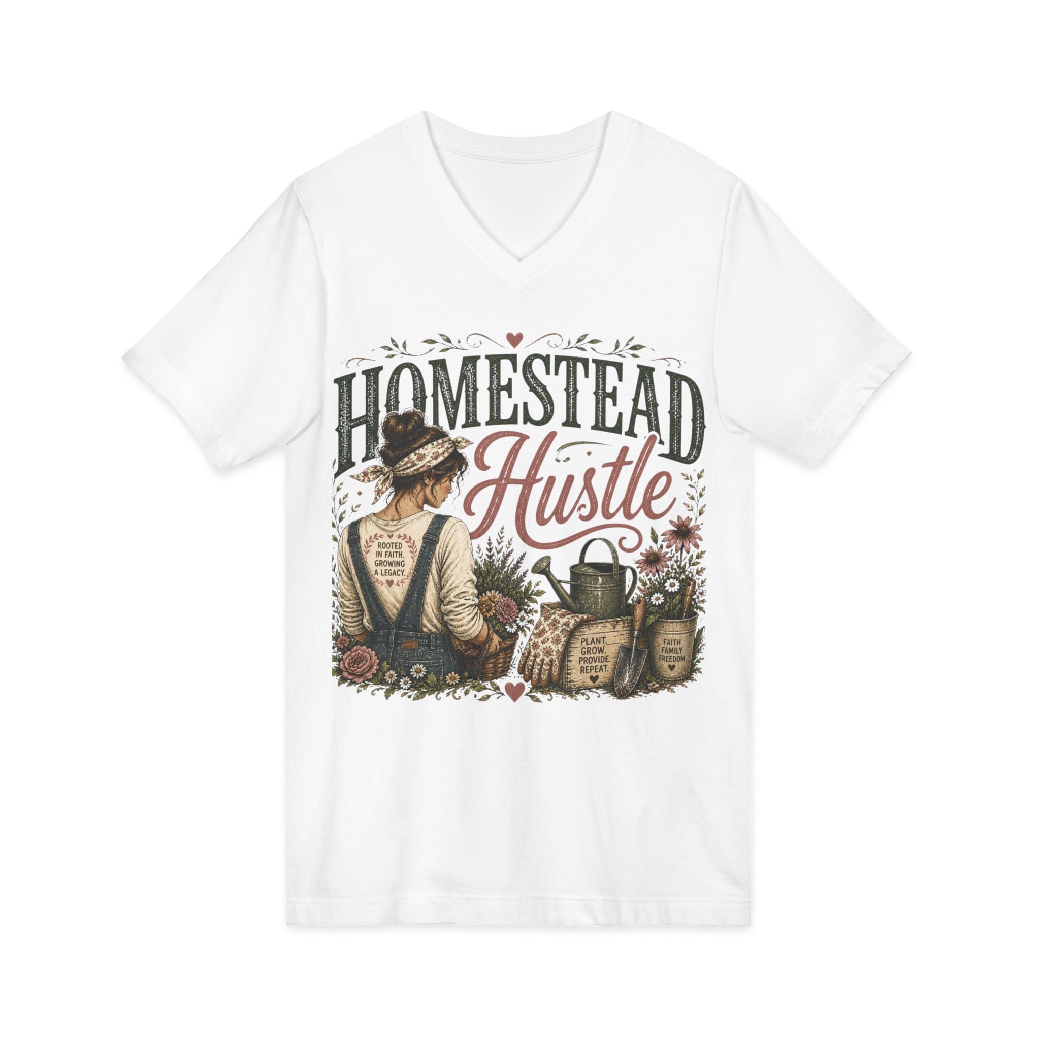 Homestead Hustle – Rustic Farmhouse V-Neck Tee